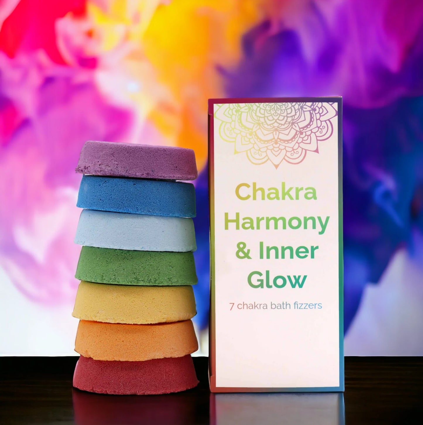 Lumaysa Harmony & Inner Glow 7 chakra bath fizzers gift set with colourful stacked chakra fizzers and mandala-inspired box, vegan aromatherapy bath bombs made in the UK