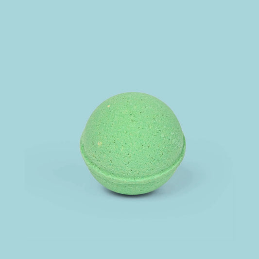 Lumaysa Fresh Mint peppermint and tea tree bath bomb in soft green colour on minimal background, refreshing handmade spa bath bomb for energising rituals