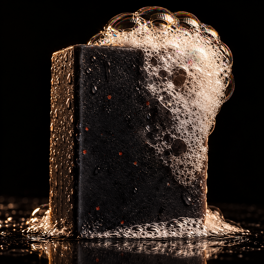 Black charcoal soap with cranberry seed specks, water droplets and natural lather cascading over its upper corner on a black reflective surface.