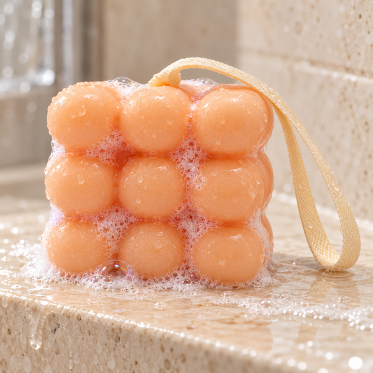 Wet peach-coloured massage soap with light lather, water droplets and a cream hanging ribbon on a cream stone shower ledge.