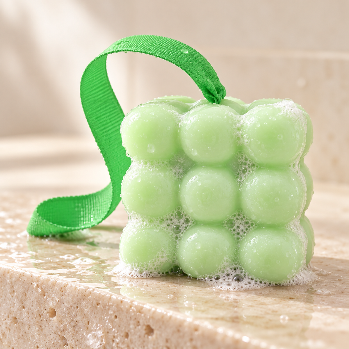 Wet spearmint and eucalyptus massage soap with light lather, water droplets and a green hanging ribbon on a cream stone ledge.
