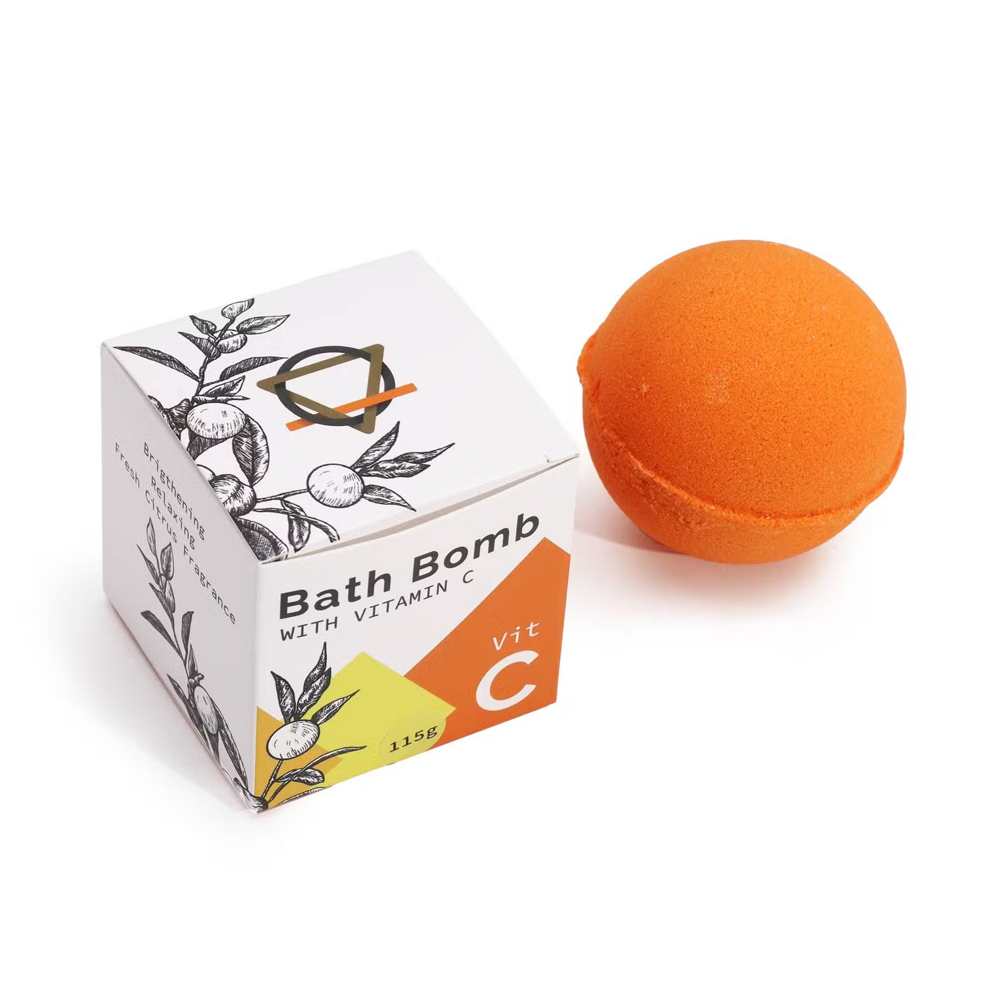 Vitamin C citrus bath bomb with packaging 115g on a white background – brightening bath soak