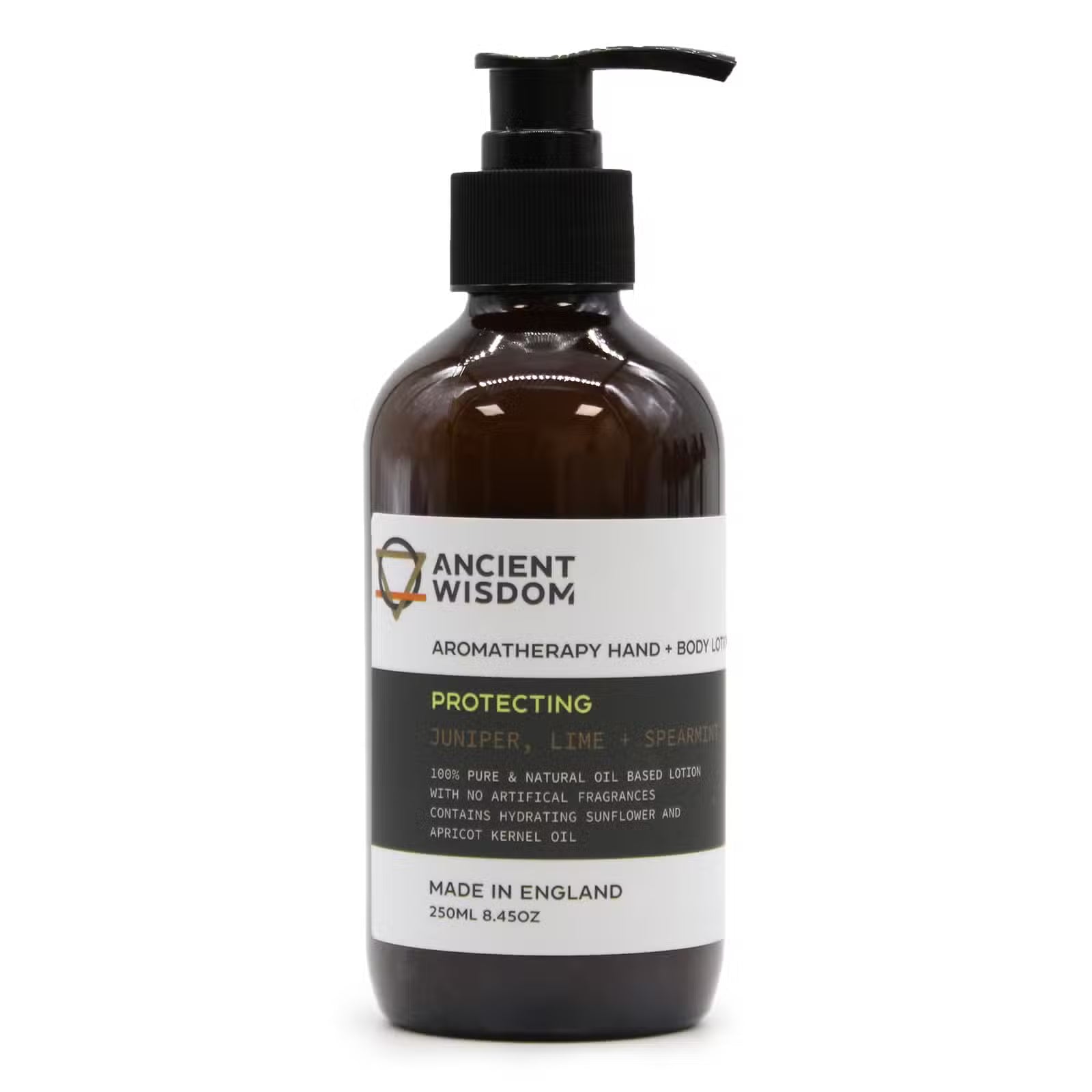 Lumaysa Protecting Hand & Body Lotion with Juniper, Lime & Spearmint in amber glass bottle, made in England.
