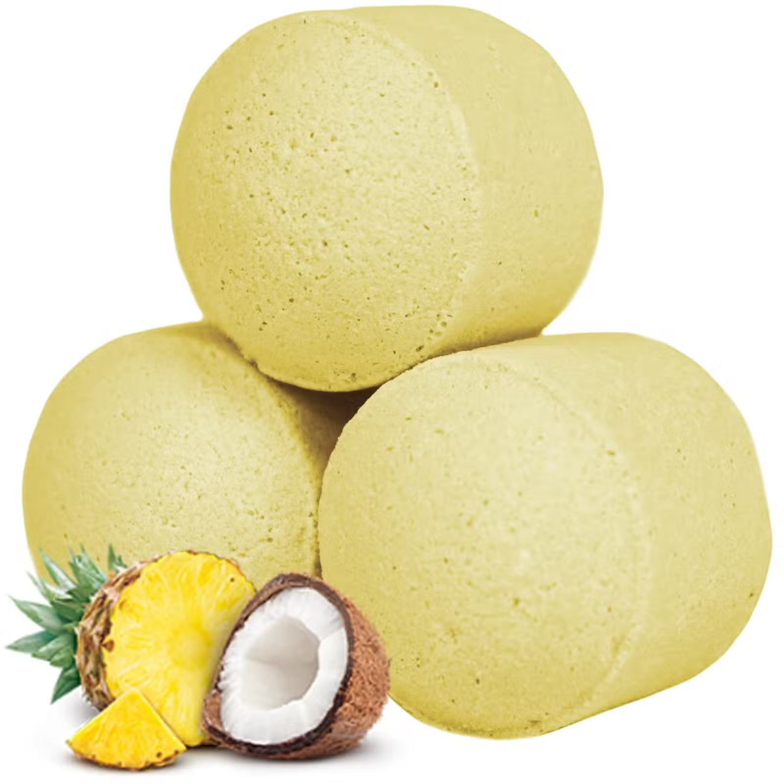 Yellow Pina Colada bath bomb chill pills by Lumaysa with pineapple and coconut, tropical vegan bath fizzers inspired by coconut and pineapple fragrance
