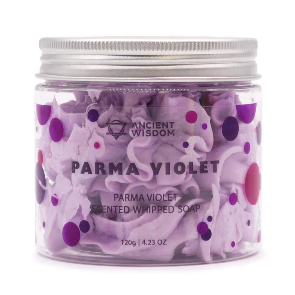 Lumaysa Parma Violet Whipped Cream Soap 120g in clear jar with soft purple whipped texture – vegan floral body cleanser