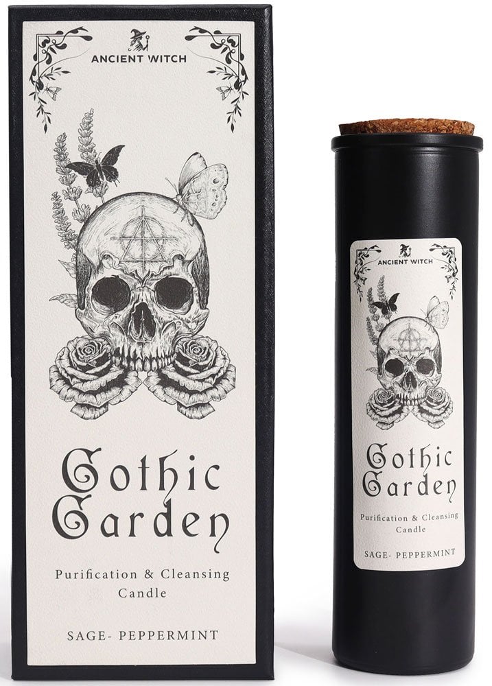 Lumaysa Gothic Garden Purification and Cleansing Candle with gothic skull artwork and sage peppermint scent beside gift-ready box
