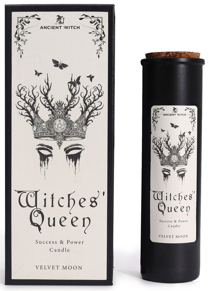 Witches’ Queen Velvet Moon ritual candle with illustrated box and black container packaging by Lumaysa
