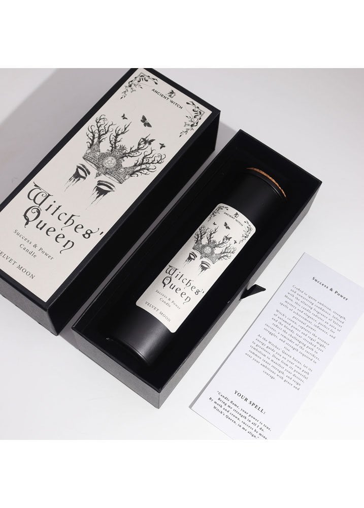 Witches’ Queen ritual candle Velvet Moon edition with intention ritual card and premium gift box packaging
