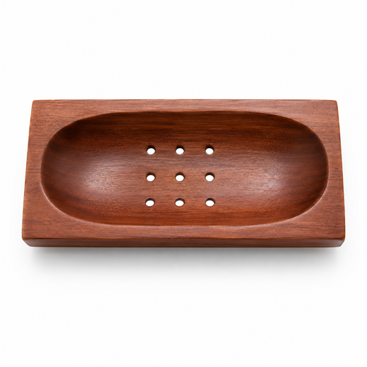Wooden soap dish with multiple holes on a white background