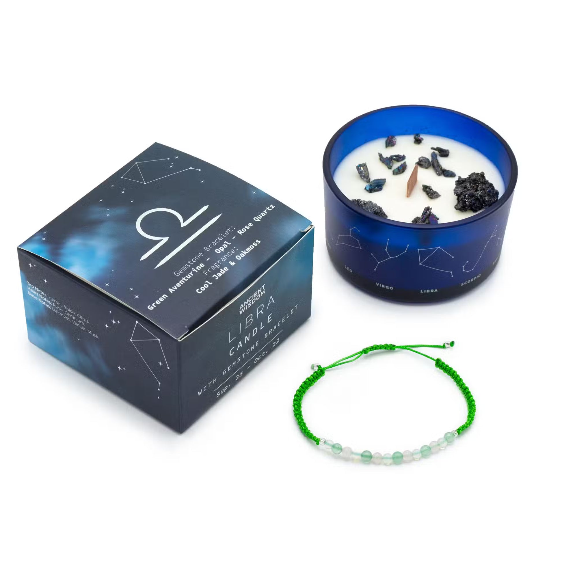 Lumaysa Libra zodiac soy candle with hidden crystals and gemstone bracelet – balance and harmony ritual candle gift set