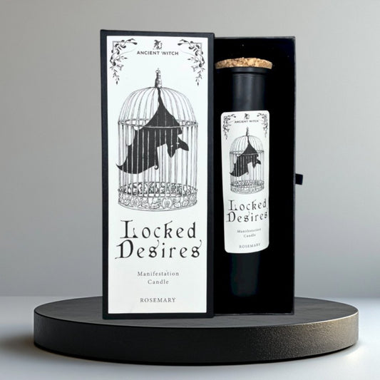 Lumaysa Locked Desires Ritual Candle with packaging displayed on a black round stand – rosemary manifestation candle in matte black tube with illustrated box.