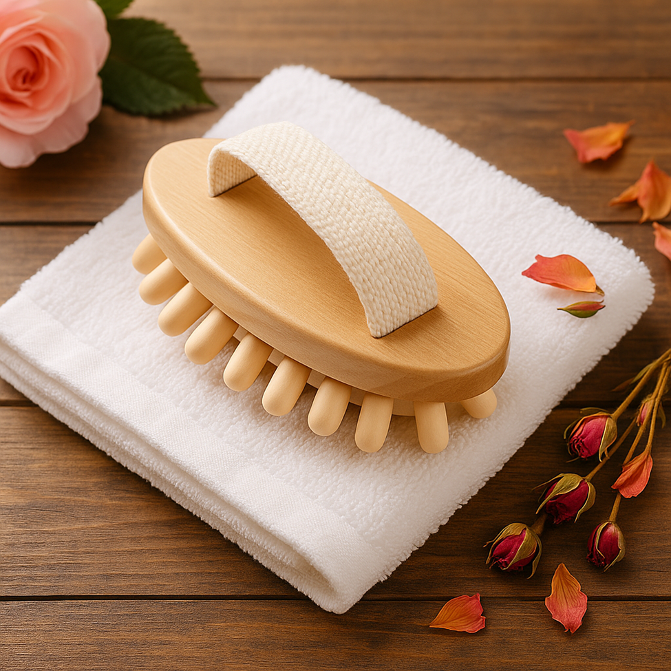 Lumaysa Premium Wood Therapy anti-cellulite massager brush on a white towel, natural wood body massage tool for smoother-looking skin