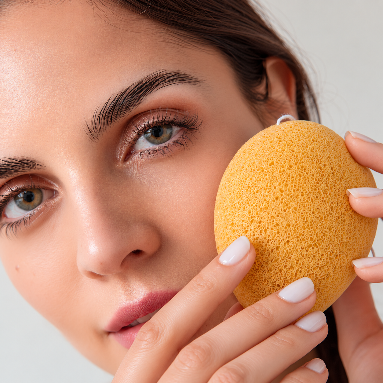 Woman gently cleansing her face with a turmeric konjac facial sponge.