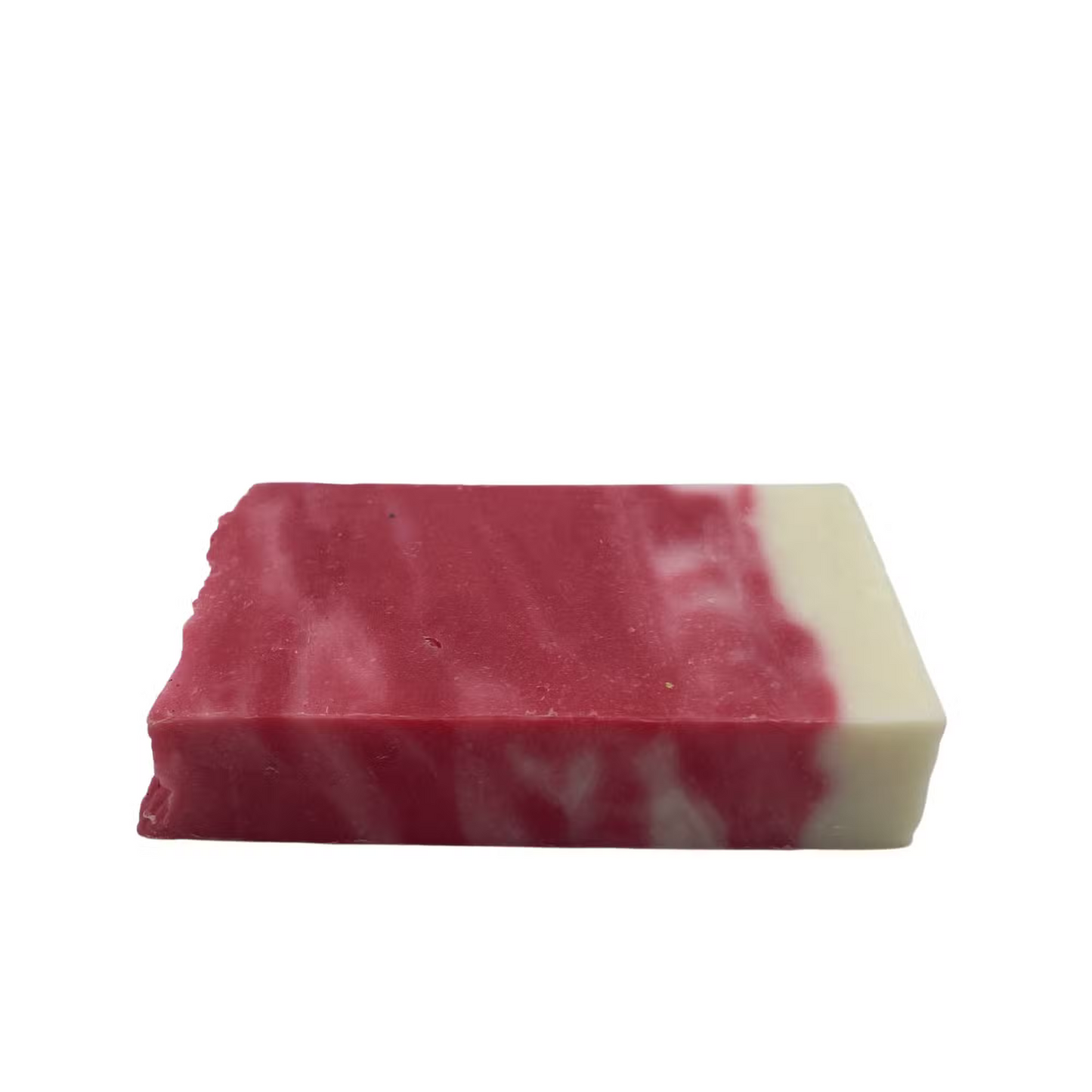 Lumaysa Rosy Vibes rosehip & olive oil soap — single red-and-cream marbled bar on white, side view
