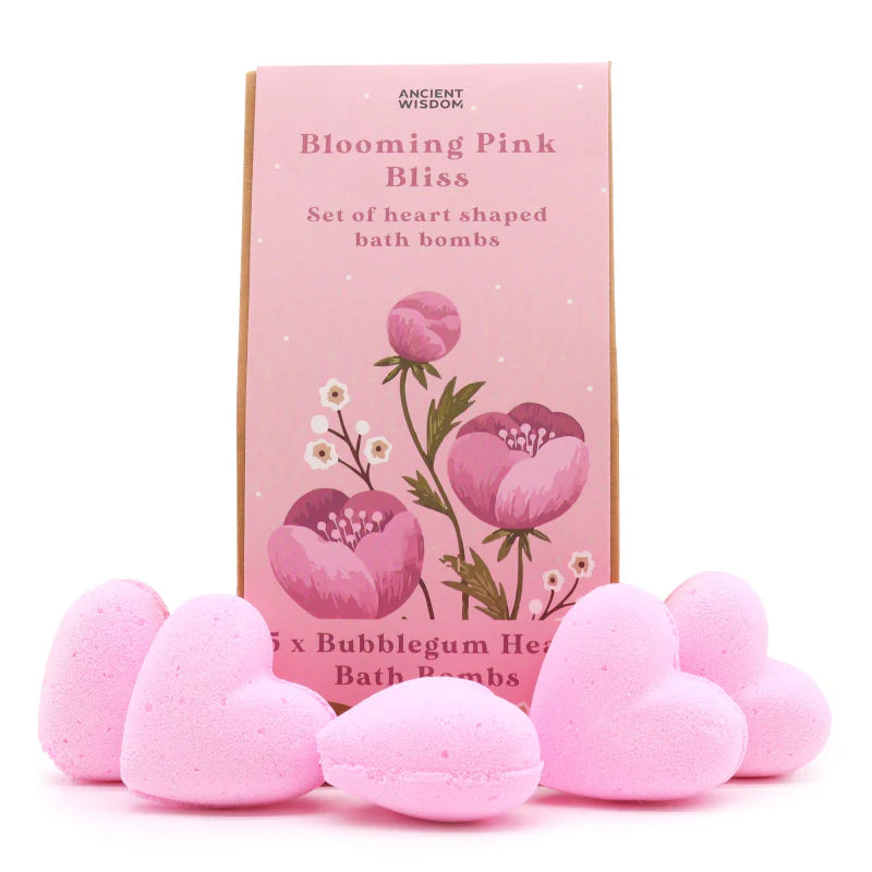 Lumaysa Pink Bliss heart bath bomb gift set with pink floral box and five bubblegum-scented heart-shaped bath bombs on a clean studio background