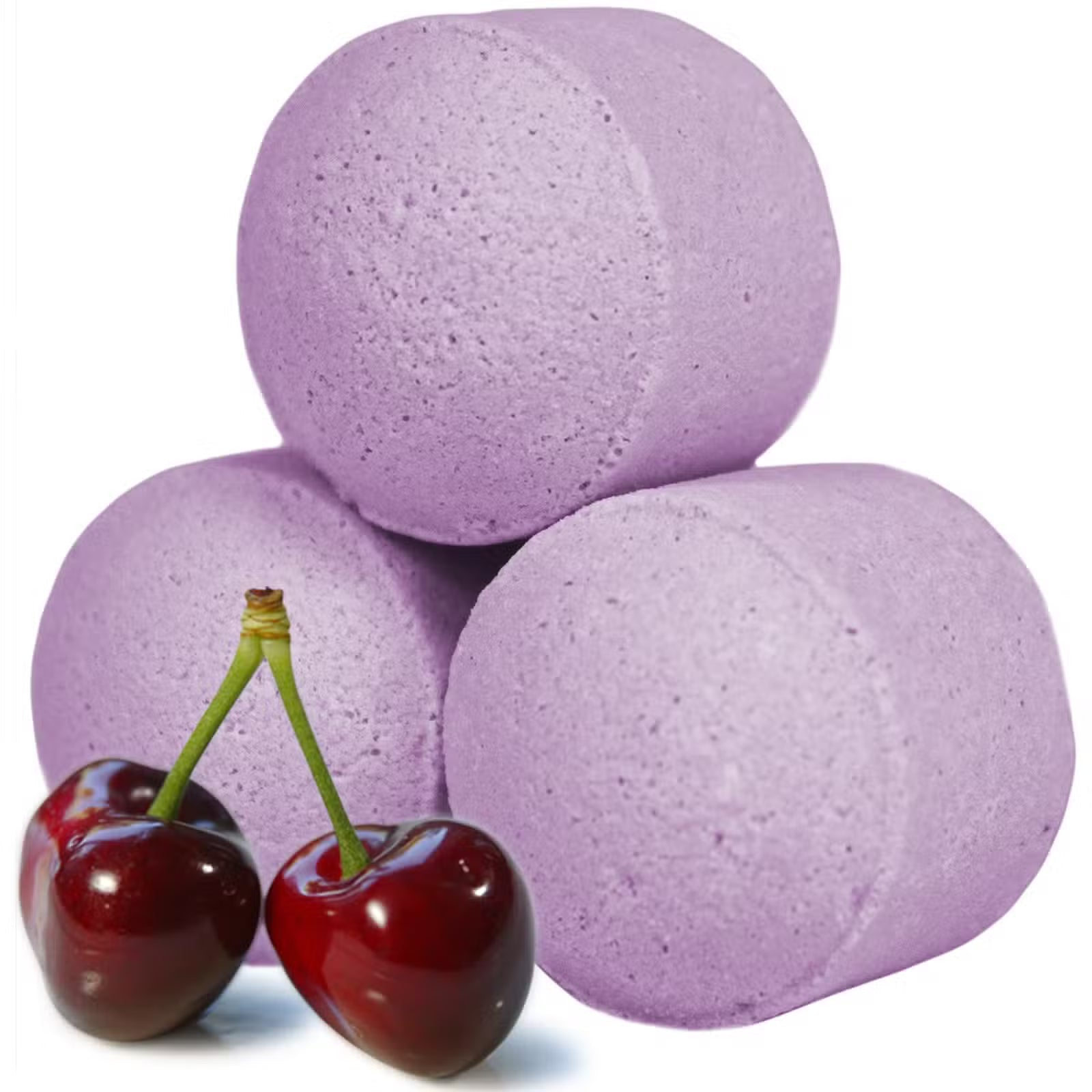 Purple black cherry bath bomb chill pills stacked with fresh cherries on a clean white background, Lumaysa Indulgent Escape.