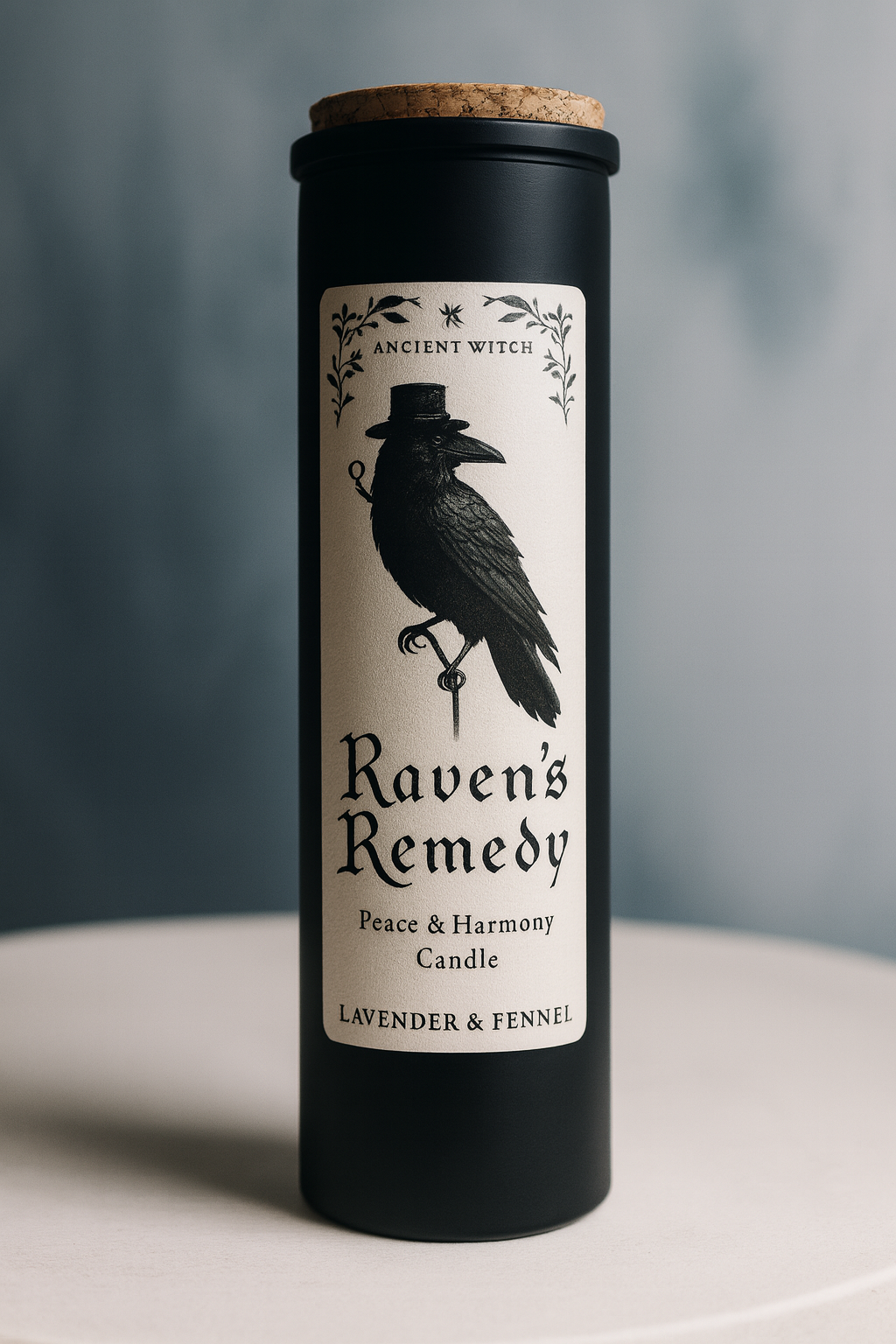 “Raven’s Remedy lavender and fennel ritual candle standing alone on matte surface – minimalist product shot.”