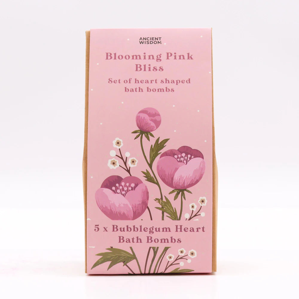 Front view of Lumaysa Pink Bliss heart bath bomb gift set packaging with floral design and bubblegum scent branding