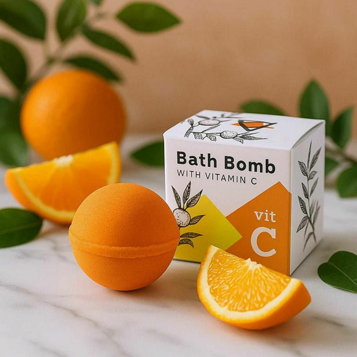 Vitamin C citrus bath bomb with orange slices and packaging – brightening self-care bath soak
