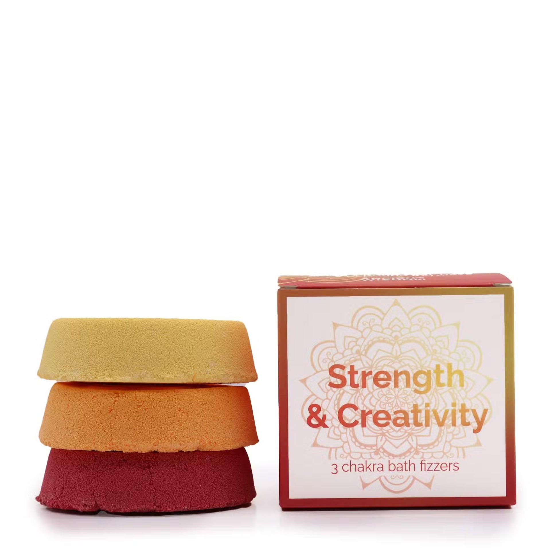 Stacked chakra bath fizzers beside a Strength & Creativity mandala gift box on a clean white background, showcasing a premium aromatherapy bath gift set by Lumaysa.