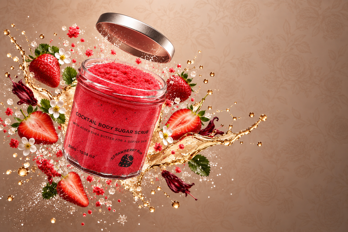 Strawberry Rum sugar body scrub with shea butter, fresh strawberries and sugar crystals