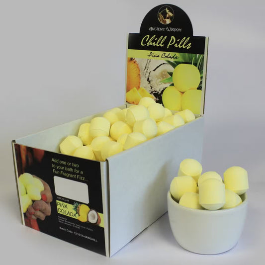 Bulk box of Lumaysa Pina Colada bath bomb chill pills with mini oval fizzers, 1.3kg tropical bath bombs handmade in the UK