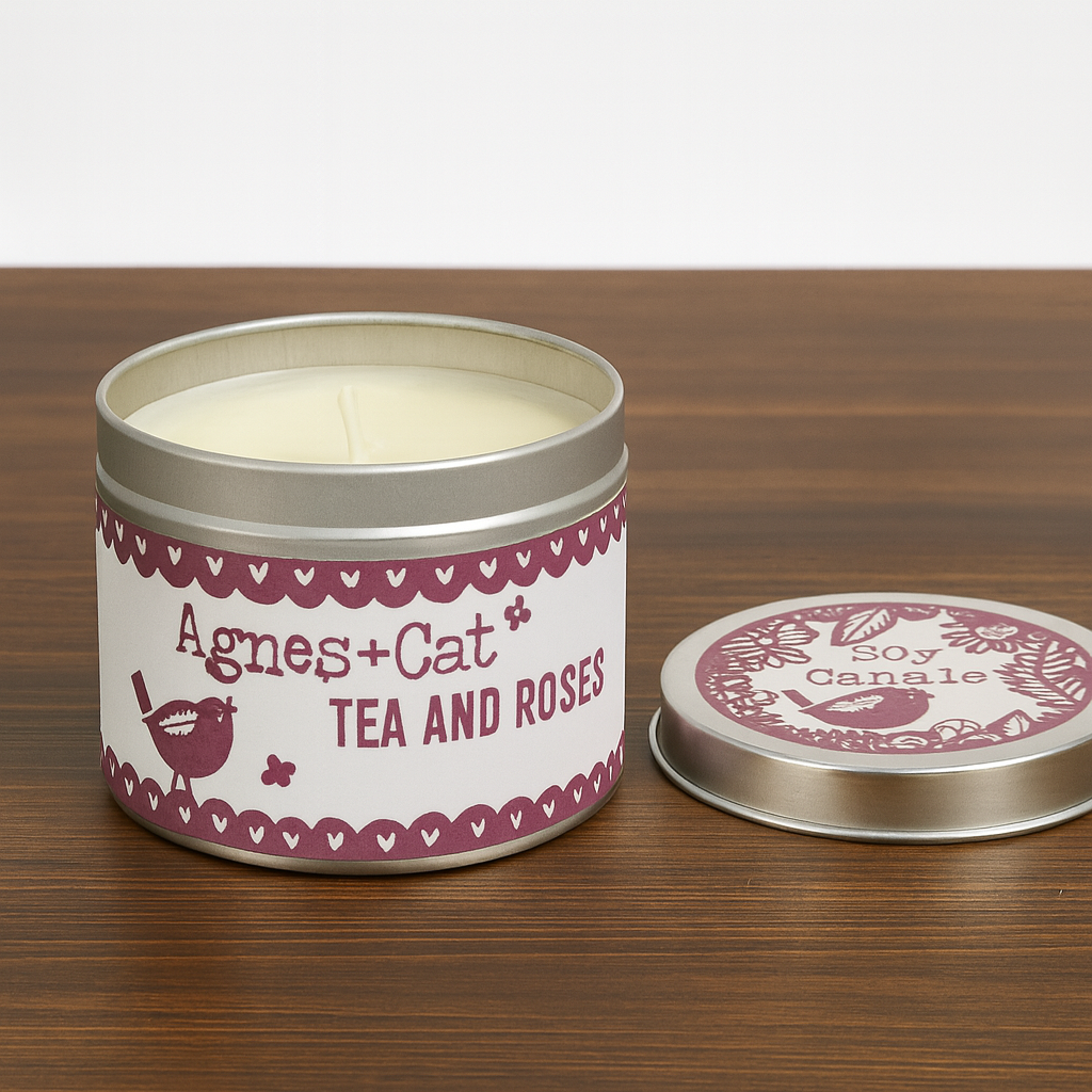  Lumaysa Tea & Roses soy candle in silver tin with lid on white background, showing floral label details clearly on a wooden surface.