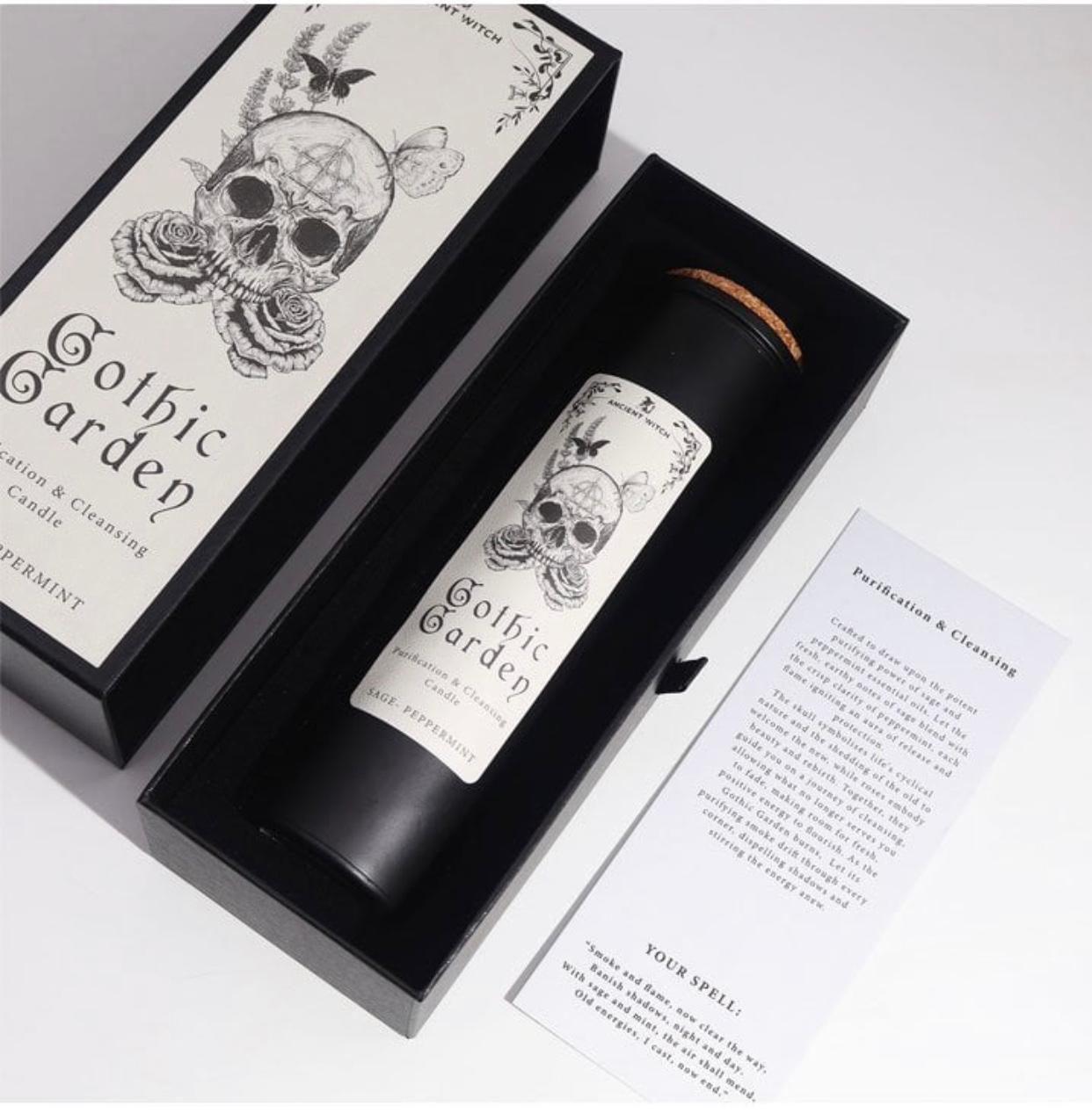 Gothic Garden candle in packaging with skull design on a white background