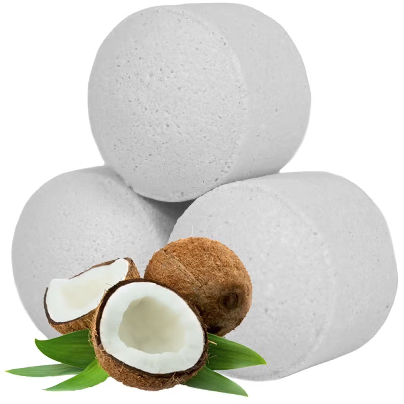 Three white coconut bath bomb chill pills with fresh coconut halves and green leaves, Lumaysa handmade vegan bath fizzers for tropical spa relaxation.