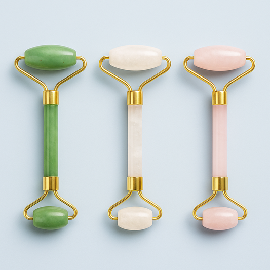 Lumaysa Gemstone Glow facial rollers in jade, clear quartz, and rose quartz with gold-toned brass frame on a soft neutral background