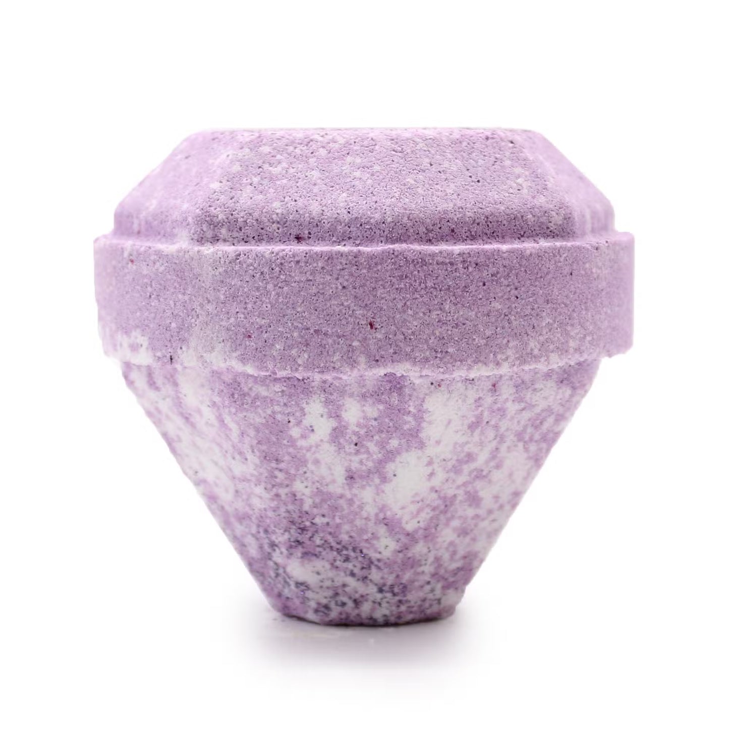 Lumaysa Extreme Fragrance Gemstone Bath Bomb in faceted jewel shape, purple and white handmade bath bomb with eco shimmer, luxury aromatherapy bath product on white background