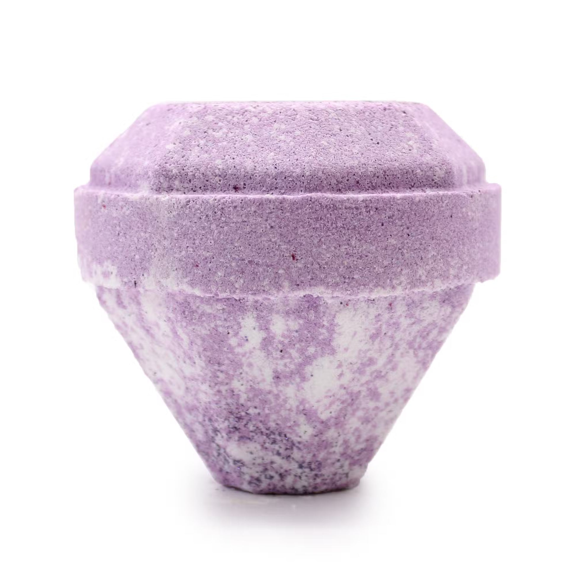 Lumaysa Extreme Fragrance Gemstone Bath Bomb in faceted jewel shape, purple and white handmade bath bomb with eco shimmer, luxury aromatherapy bath product on white background