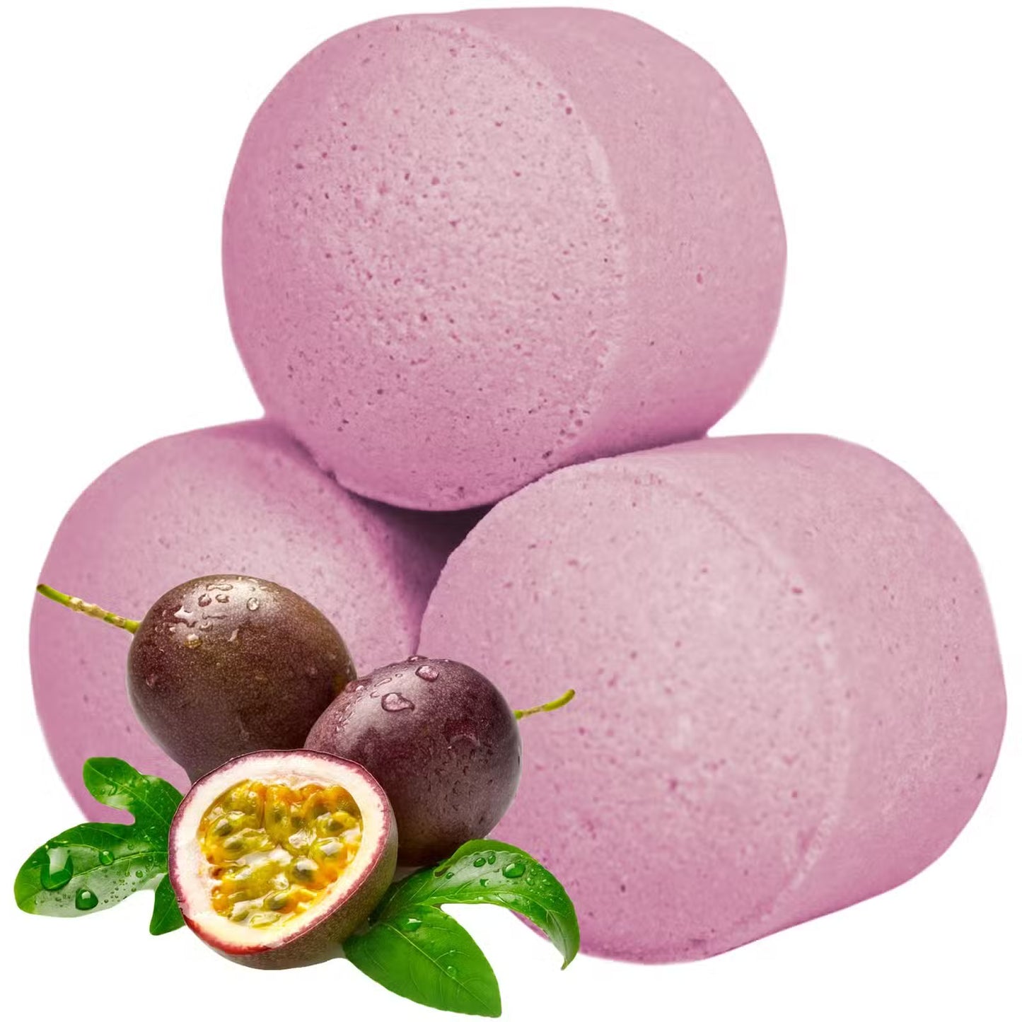 Pink passion fruit bath bomb chill pills stacked with fresh passion fruit and green leaves on a clean white background, Lumaysa Tropical Oasis.