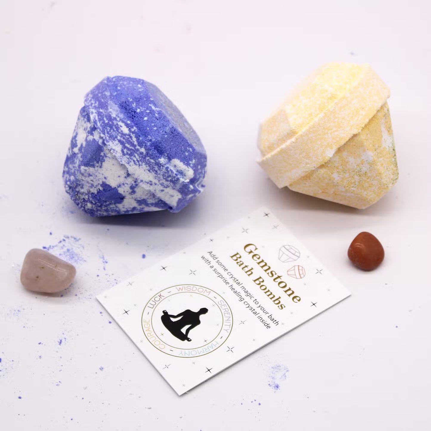 Natural gemstones included inside Lumaysa gemstone bath bomb with informational card, surprise crystal bath experience and luxury self care