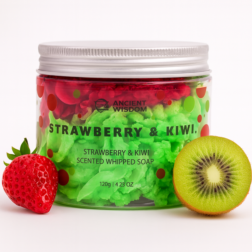 Lumaysa Strawberry & Kiwi Whipped Cream Soap 120g in a clear jar with fresh strawberry and kiwi, vegan whipped soap made in the UK
