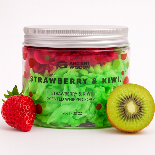 Lumaysa Strawberry & Kiwi Whipped Cream Soap 120g in a clear jar with fresh strawberry and kiwi, vegan whipped soap made in the UK