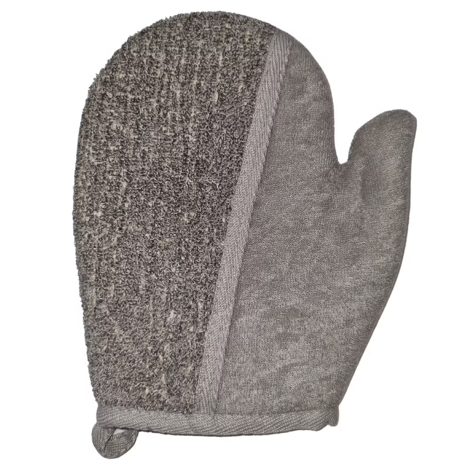 Back view of Lumaysa Detox Glove showing soft linen side, charcoal bamboo exfoliating bath glove on a white background.