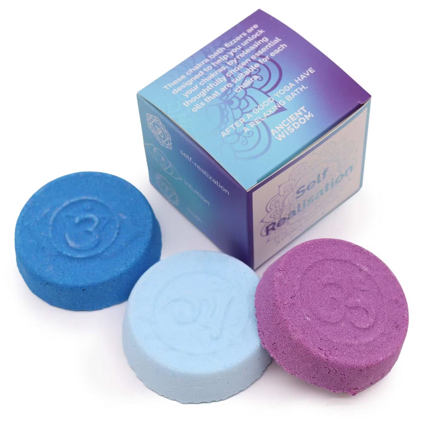 Close-up of Lumaysa Self Realisation chakra bath fizzers with gradient mandala gift box, showcasing premium handmade vegan bath products