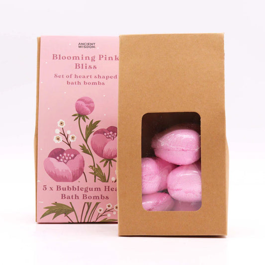 Open Lumaysa Pink Bliss bath bomb gift box showing individually wrapped pink heart-shaped bubblegum bath bombs inside eco-style packaging