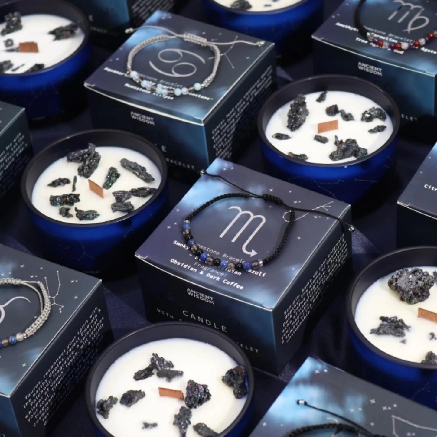 Lumaysa Zodiac Harmony Candles collection with gemstone bracelets and constellation gift boxes – luxury soy ritual candles