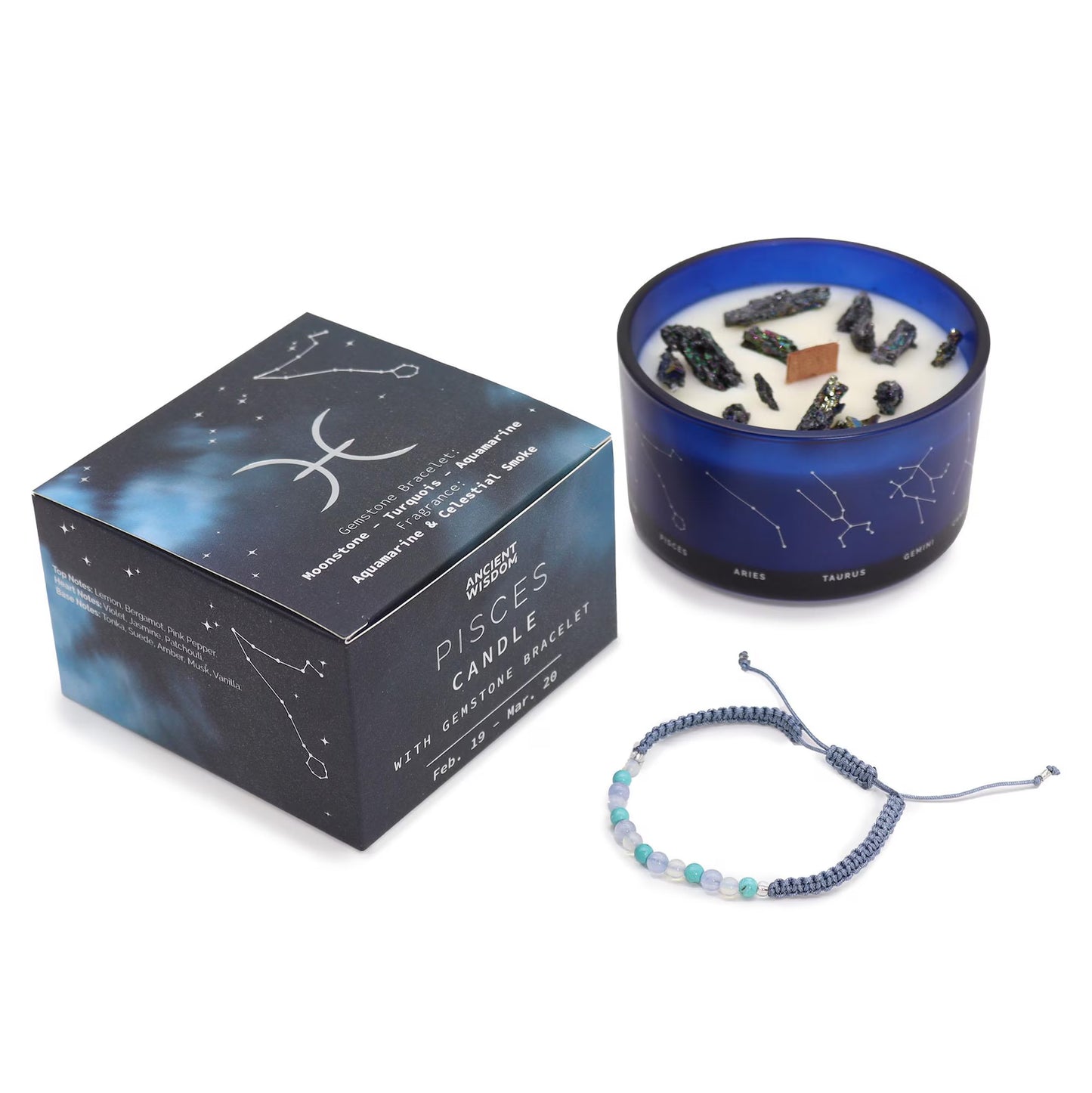 Pisces candle with packaging and a bracelet on a white background