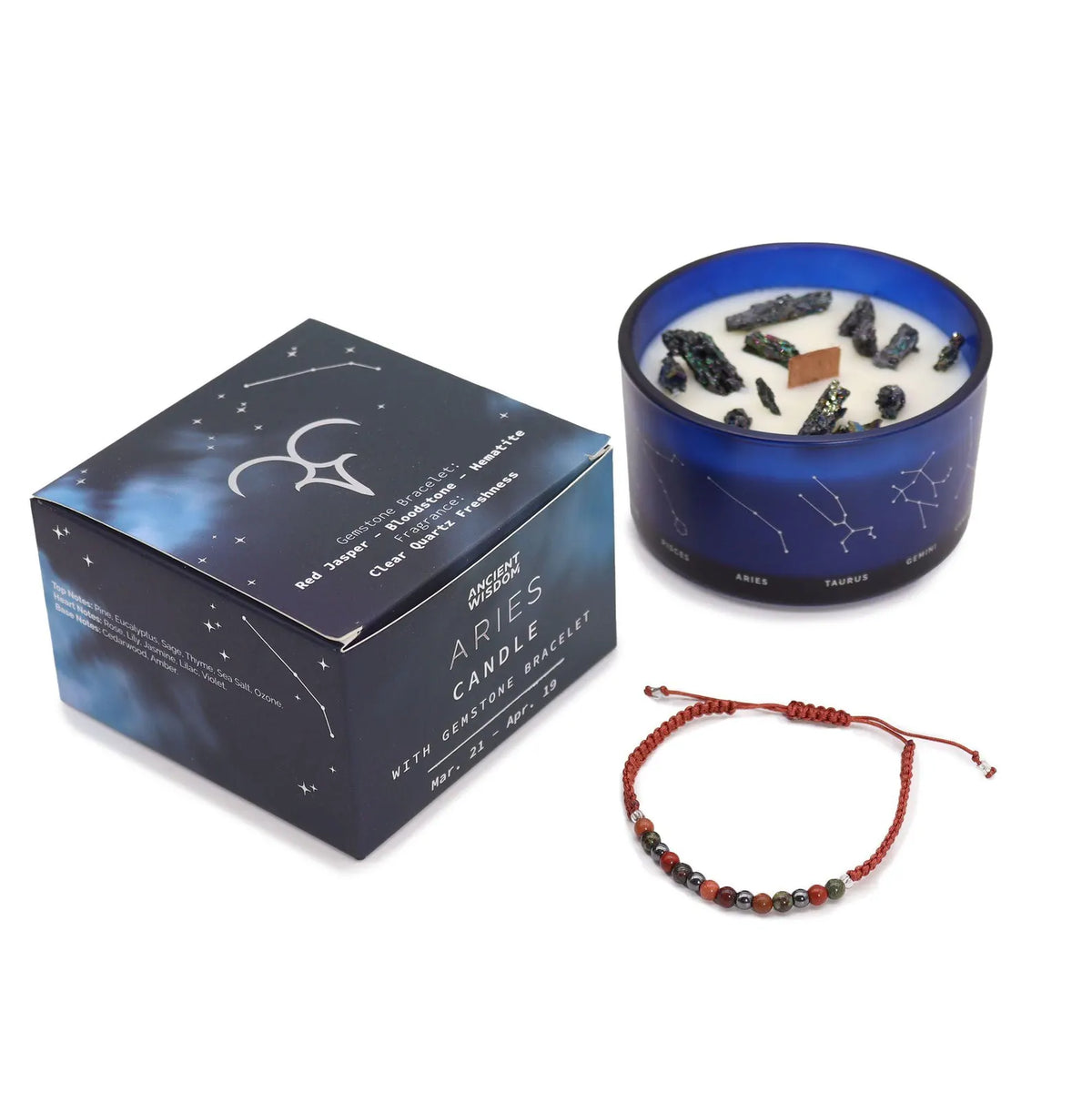 Aries Zodiac crystal soy candle with decorative crystals, gemstone bracelet and gift box