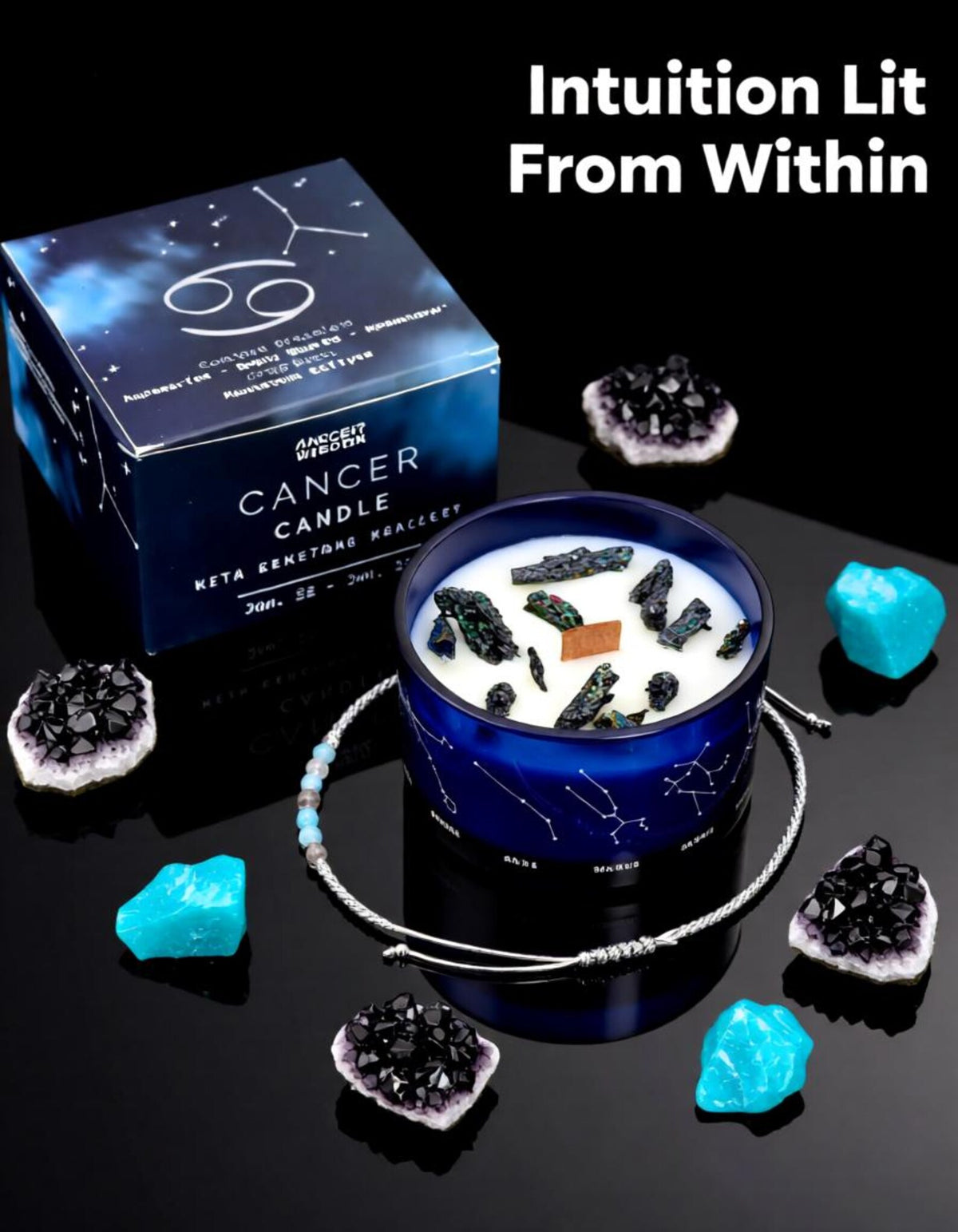 Cancer Zodiac crystal soy candle with gemstone bracelet, gift box and decorative crystals