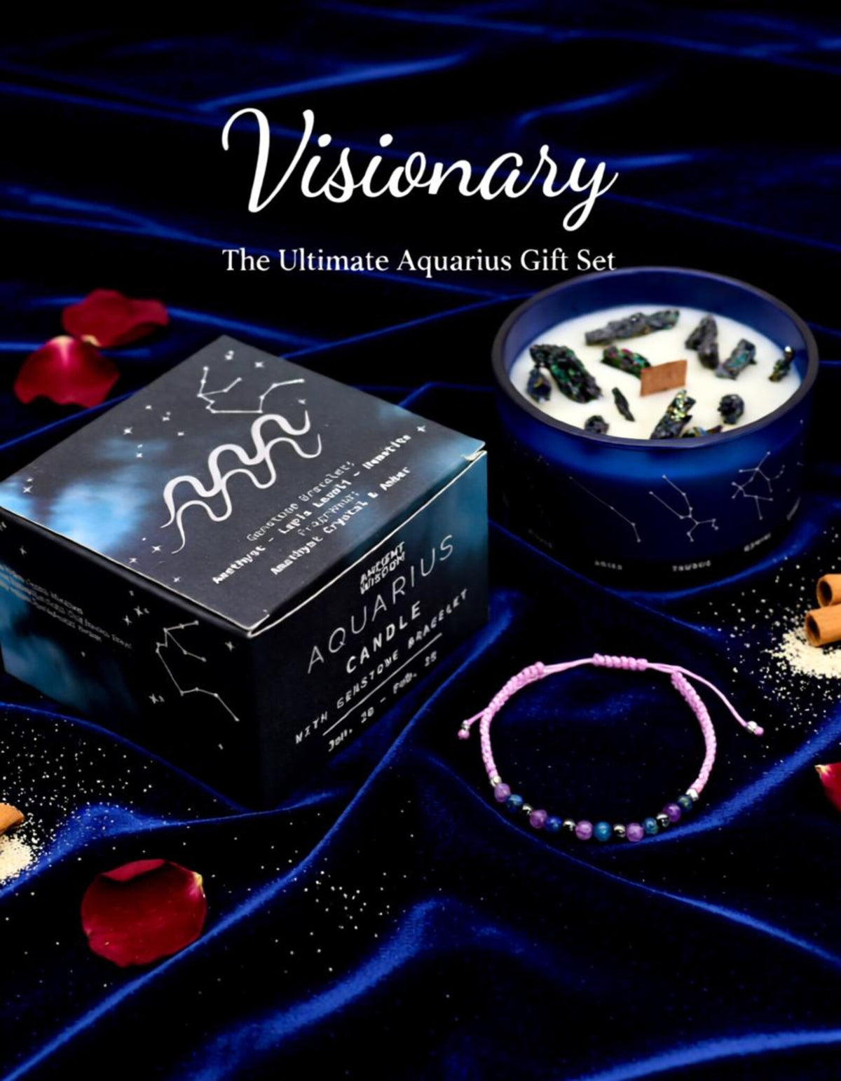 Aquarius Zodiac crystal soy candle gift set with gemstone bracelet and gift box on dark blue satin