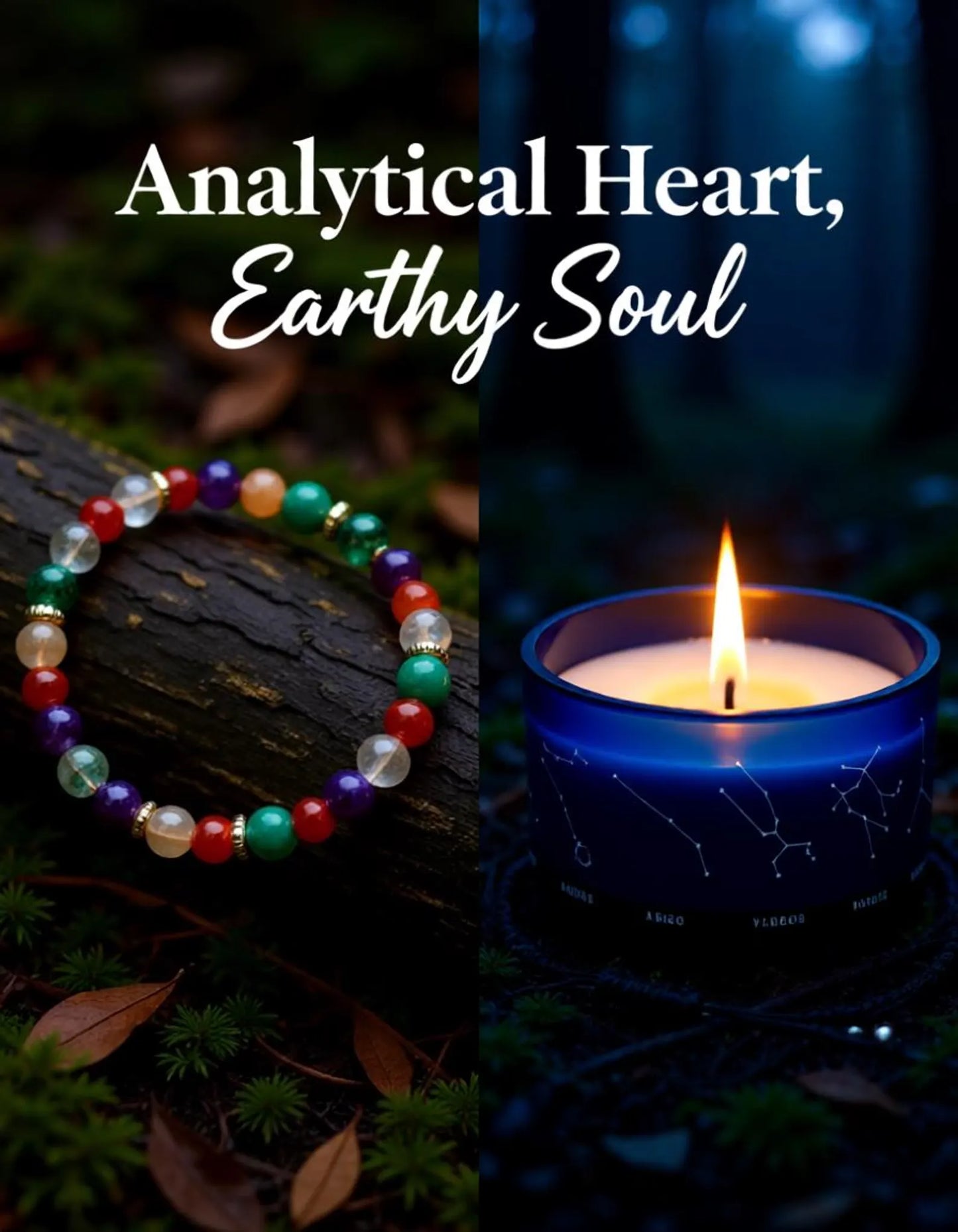 zodiac harmony candle with a colorful crystal bracelet and the text “Analytical Heart, Earthy Soul” on a dark nature background.