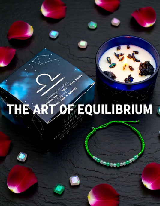 Libra zodiac harmony candle with matching packaging, green gemstone bracelet, rose petals and the text “The Art of Equilibrium” on a dark surface.