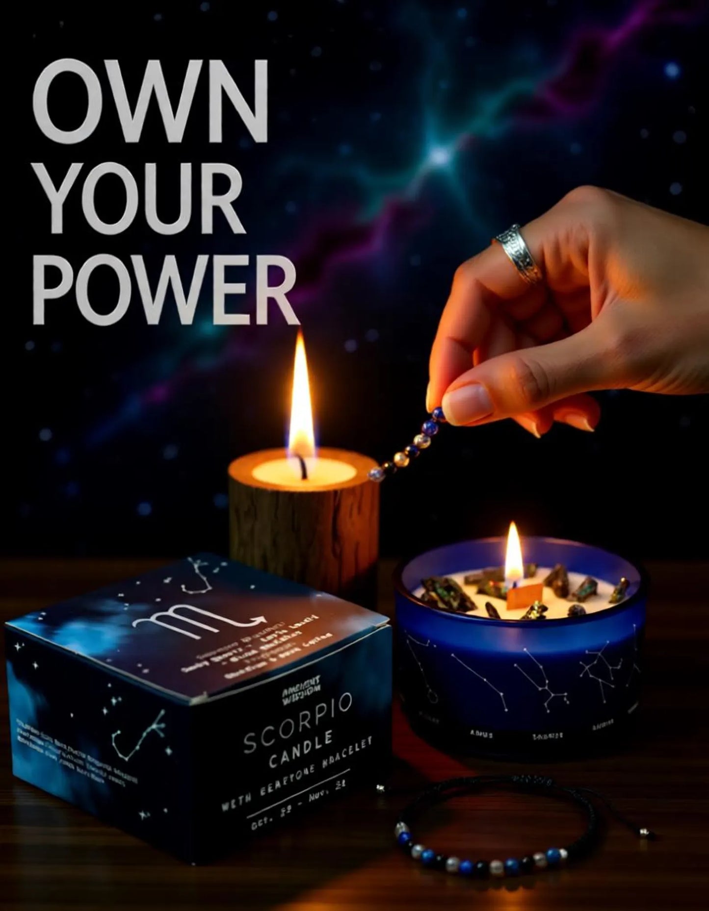 Hand lighting a candle with 'Own Your Power' text and Scorpio candle packaging.