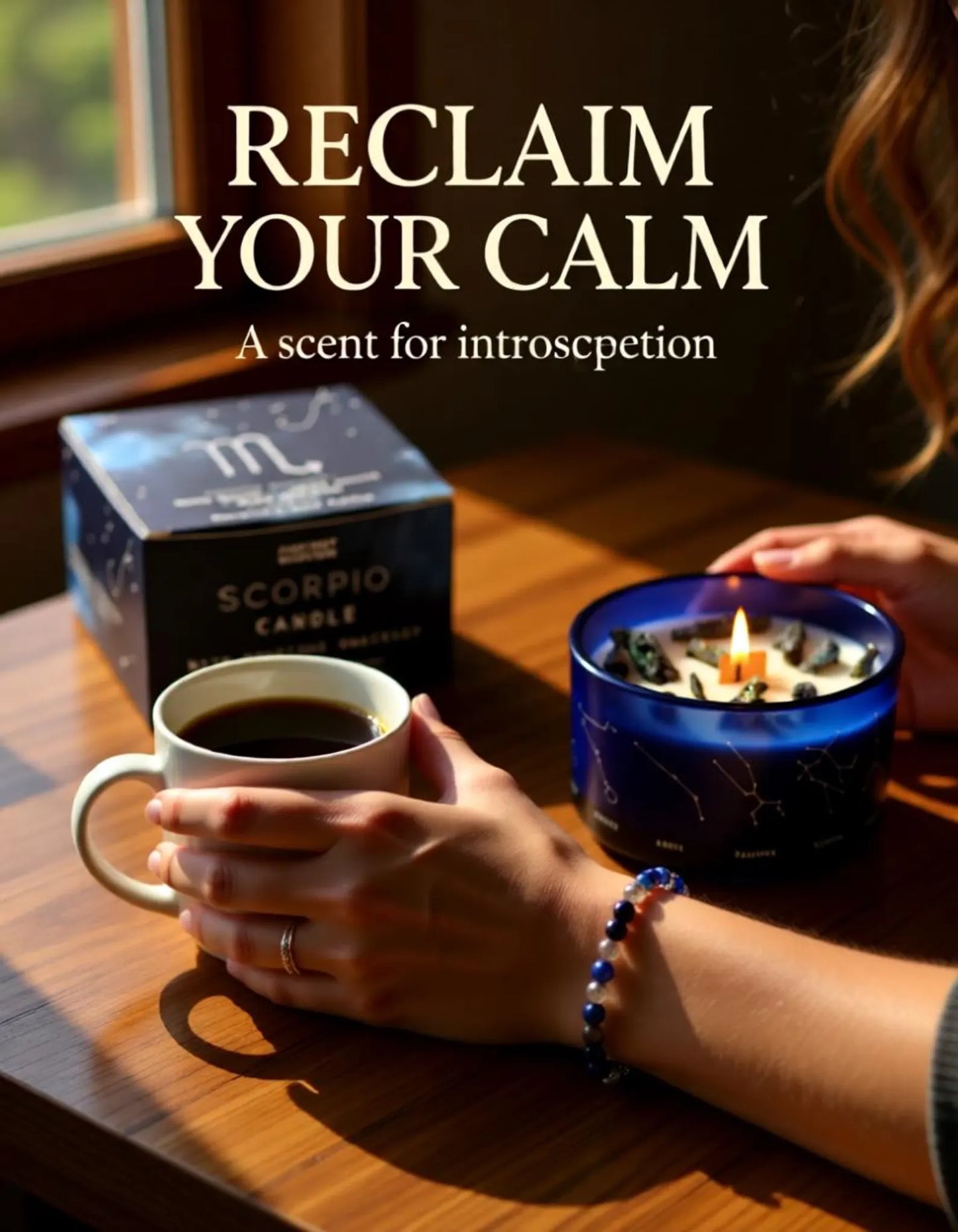 Person holding a mug with a candle and Scorpio candle box, text 'Reclaim Your Calm' above.