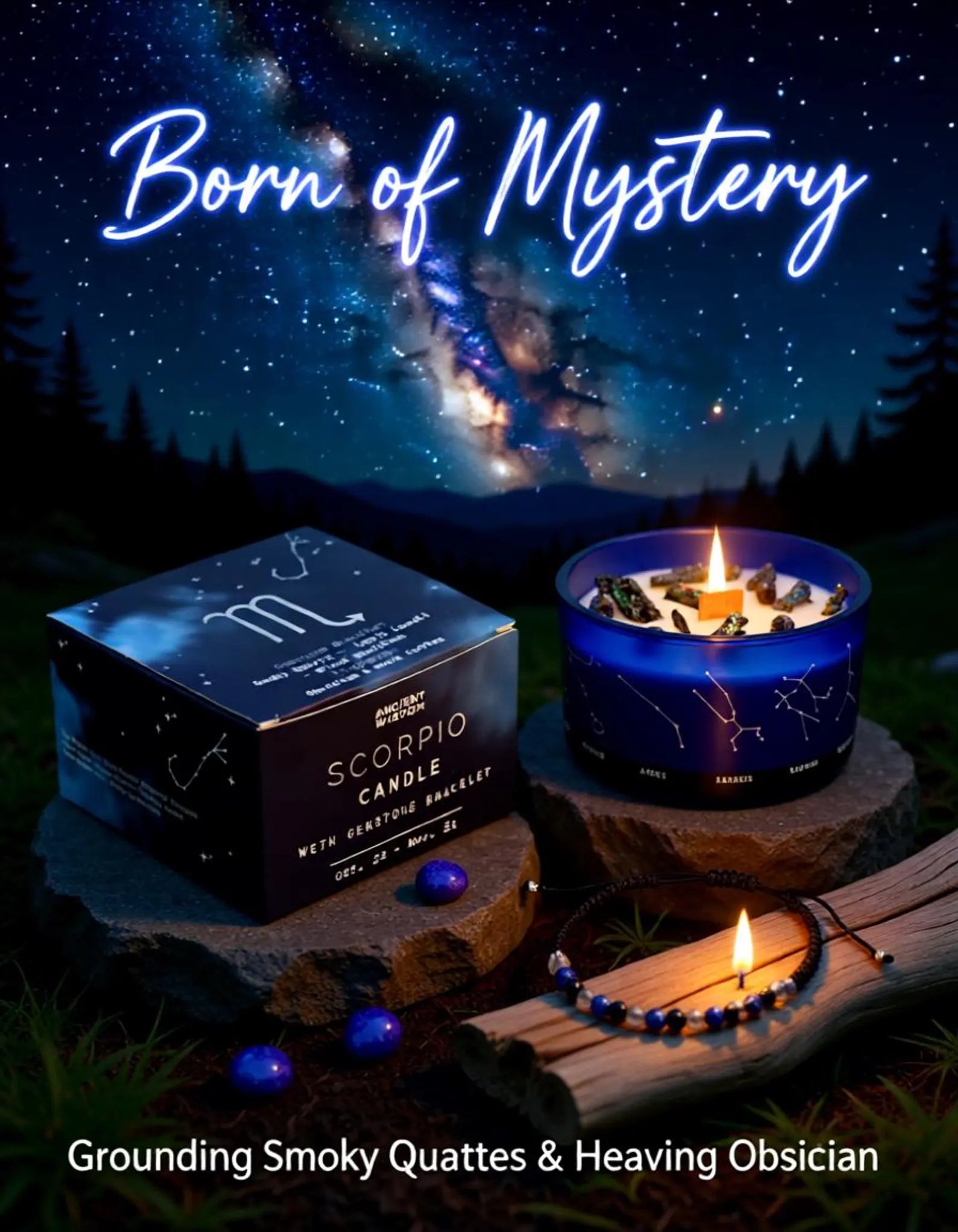 Scorpio candle with packaging and bracelet on a wooden surface with a night sky and galaxy background.