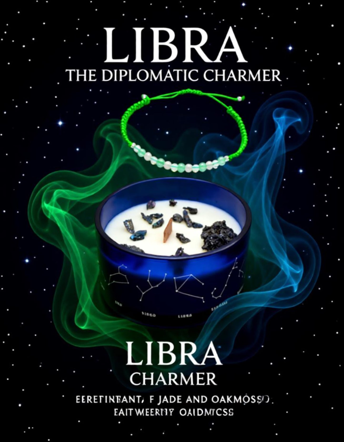 Libra zodiac harmony candle in a blue glass holder with a green gemstone bracelet, blue and green smoke, and “Libra The Diplomatic Charmer” text on a starry background.